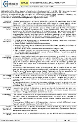 Informativa clienti-fornitori mechanica sistemi